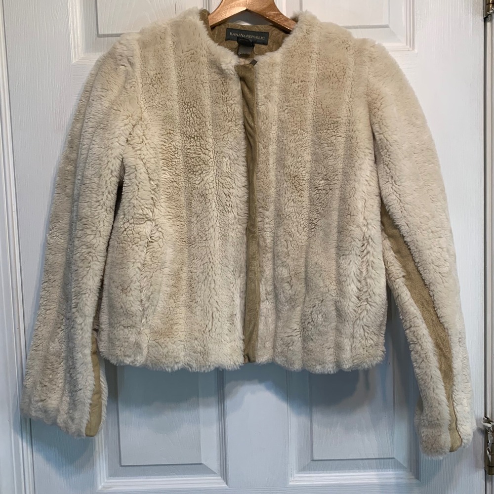 Banana Republic Faux Fur Jacket XS Cream Ribbed Leather Trim Cropped Y2K Retro